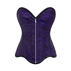 Purple Brocade Gothic With Front Silver Zipper Overbust Corset