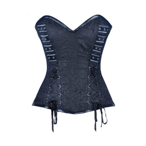 Black Brocade Black Faux Leather Front Closed Overbust Corset