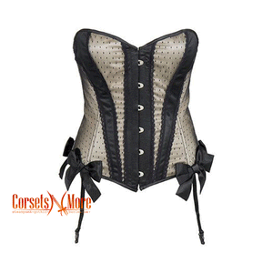 Plus Size Ivory Satin Polka Dots Net Overlay  Burlesque Overbust Gothic Corset