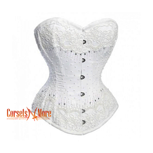 CorsetsNmore Women’s White Satin White Sequins Work  Burlesque Overbust Gothic Corset