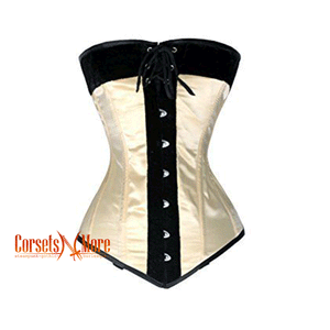 CorsetsNmore Women’s Black Velvet Ivory Satin Burlesque  Overbust Gothic Corset