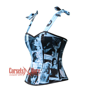 Sexy Smoky Girl Printed Satin Overbust Corset With Shoulder Bow Top