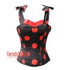 Printed Black Red Polka Satin With Red Frill Overbust Corset With Shoulder Strap