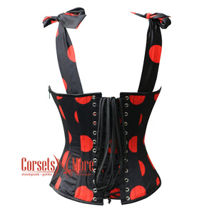 Printed Black Red Polka Satin With Red Frill Overbust Corset With Shoulder Strap