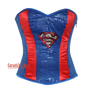 Red Satin Blue Sequins Superman Costume Overbust Bustier Corset Top