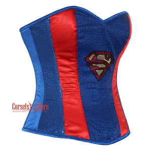 Red Satin Blue Sequins Superman Costume Overbust Bustier Corset Top