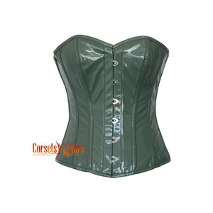 Olive Green PVC Leather Corset Gothic Overbust Costume Waist Training Top