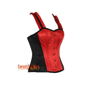 Red And Black Satin Corset With Shoulder Strap Overbust Top