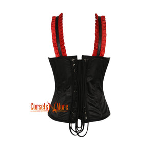 Red And Black Satin Corset With Shoulder Strap Overbust Top