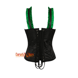 Green And Black Satin Corset With Shoulder Strap Overbust Top