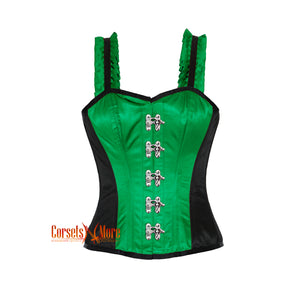 Green And Black Satin Corset With Shoulder Strap Overbust Front Clasps Top