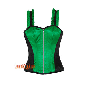 Green And Black Satin Corset With Shoulder Strap Overbust Zipper Top