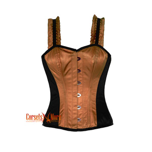 CorsetsNmore Women’s Brown And Black Satin Corset With Shoulder  Strap Overbust Top