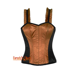 CorsetsNmore Women’s Brown And Black Satin Corset With Shoulder  Strap Overbust Front Close Top