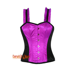 CorsetsNmore Women’s Purple And Black Satin Corset With Shoulder  Strap Overbust Top