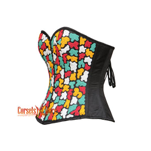 Red Yellow White Multi-Color Sequins Black Satin Overbust Corset Burlesque Top