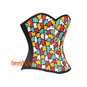 Red Yellow White Multi-Color Sequins Black Satin Overbust Corset Burlesque Top