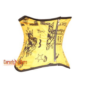 Yellow Printed Corset Satin Underbust Zipper Top Gothic Waist Training Bustier