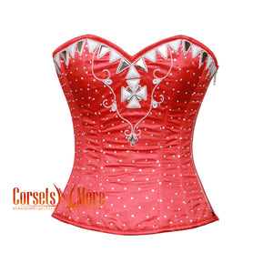 CorsetsNmore Women’s Red Satin White Sequins Work Burlesque  Costume Overbust Corset