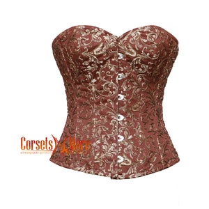 CorsetsNmore Women’s Brown Brocade Sequins Gothic Corset Burlesque  Overbust Ren Festive Costume