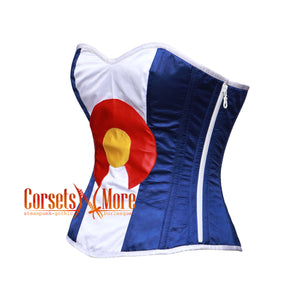 Blue And White Satin Colorado Flag Corset Overbust Gothic Costume Bustier Top