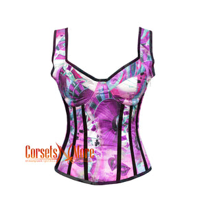 Printed Colourful Purple Satin With Black Stripes Gothic Overbust With  Shoulder Strap Corset