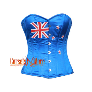 Blue Satin White Sequins New Zealand Flag Gothic Overbust Corset