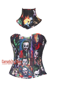 CorsetsNmore Women’s Combo Joker Costume Printed Cotton Overbust Corset With Neck  Collar Gothic Costume