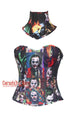 Combo Joker Costume Printed Cotton Overbust Corset With Neck Collar Gothic Costume