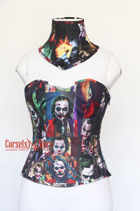 Combo Joker Costume Printed Cotton Overbust Corset With Neck Collar Gothic Costume