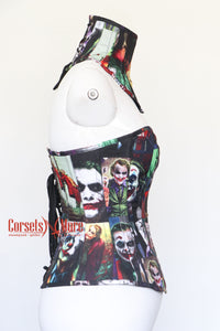 Combo Joker Costume Printed Cotton Overbust Corset With Neck Collar Gothic Costume