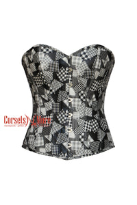 CorsetsNmore Women’s Black And White Printed Leather Retro Theme Gothic Costume  Overbust Corset