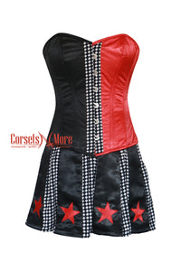 CorsetsNmore Women’s Red And Black Satin Corset with Chequered panel Cosplay Costume  Overbust Dress