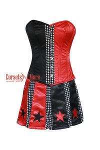 Plus Size Red And Black Satin Corset with Chequered panel Cosplay Costume  Overbust Dress