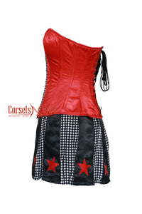 Plus Size Red And Black Satin Corset with Chequered panel Cosplay Costume  Overbust Dress