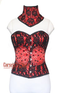 Red Satin Black Sequins With Neck Collar Plus Size Overbust Corset