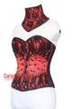 Red Satin Black Sequins With Neck Collar Plus Size Overbust Corset