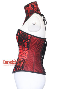 Red Satin Black Sequins With Neck Collar Plus Size Overbust Corset