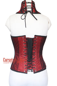 Carmella Noir Red Satin Black Sequins With Neck Collar Plus Size Overbust Corset