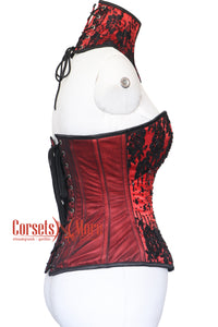 Carmella Noir Red Satin Black Sequins With Neck Collar Plus Size Overbust Corset