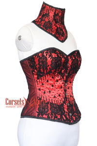 Red Satin Black Sequins With Neck Collar Plus Size Overbust Corset