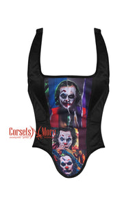 Plus Size Black Satin With Joker Print Shoulder Strap Gothic Halloween Costume Overbust Corset Waist Trainer Top