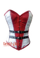 Red White Satin Black Leather Belts Gothic Steampunk Bustier Waist Training Overbust Corset Costume