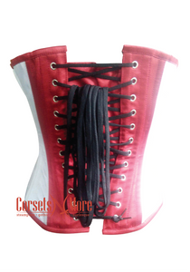 Red White Satin Black Leather Belts Gothic Steampunk Bustier Waist Training Overbust Corset Costume
