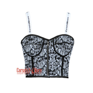 Silver Leaf Printed Leather Crop Corset Overbust Bustier Steampunk Halloween Costume