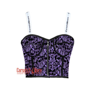 Purple Leaf Printed Leather Crop Corset Overbust Bustier Steampunk Halloween Costume