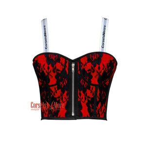 Women’s Red Satin Net Overlay Crop Corset Overbust Bustier Steampunk Plus Size Crop Top