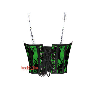 Women’s Green Satin Net Overlay Crop Corset Overbust Bustier Steampunk Halloween Costume