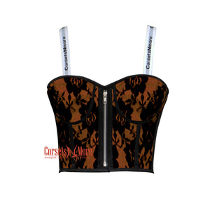 Women’s Brown Satin Net Overlay Crop Corset Overbust Bustier Steampunk Halloween Costume