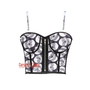 Women’s Skull Printed Cotton Crop Corset Overbust Bustier Steampunk Halloween Costume